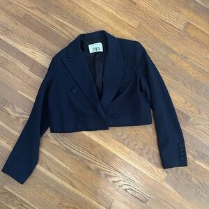 Zara Women's Navy Double-Breasted Cropped Blazer